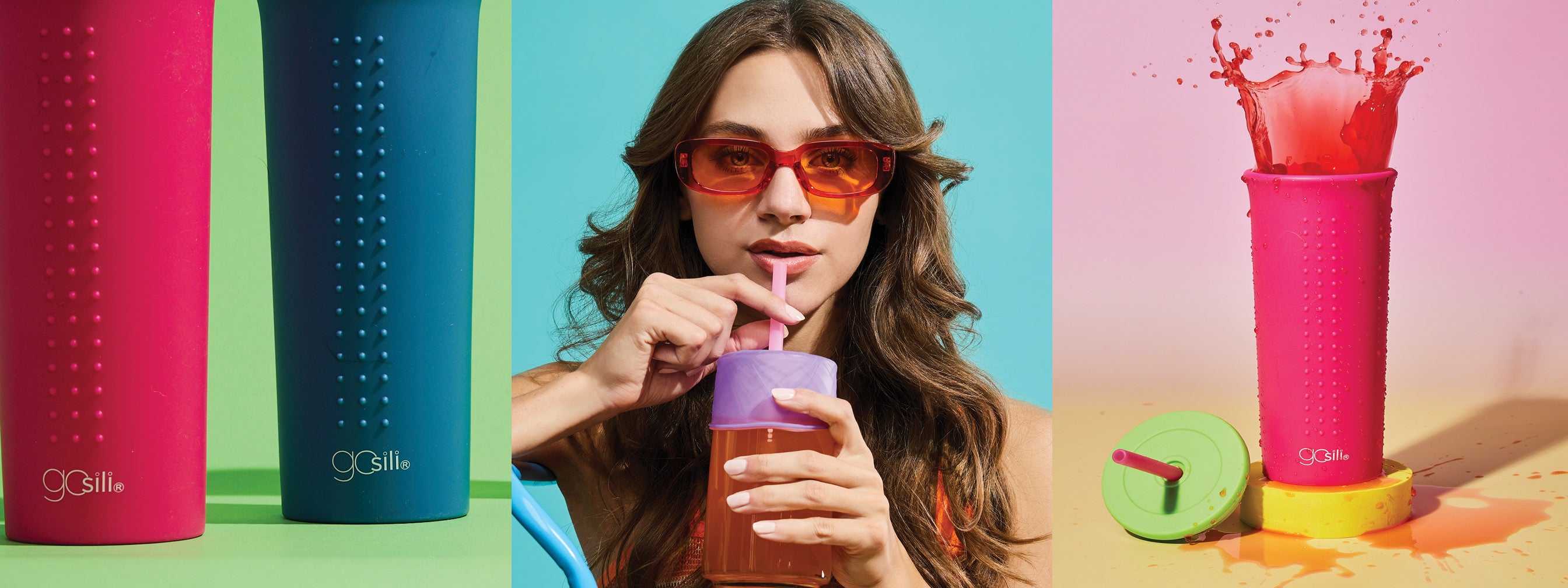 Girl sipping drink from reusable GoSili silicone straw with a universal lid over the cup 