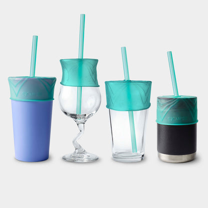 Flexible silicone lid stretched over a glass for spill-resistant sipping.
