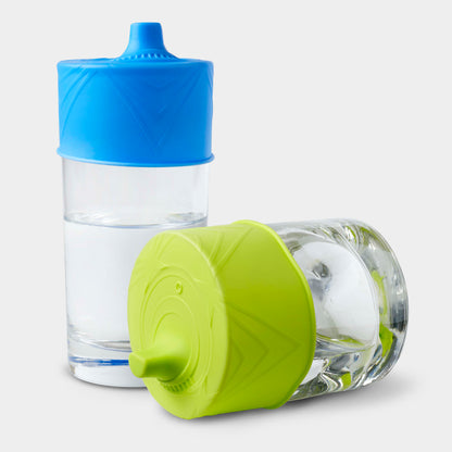 Universal silicone sippy cup lid in vibrant colors, fits over any cup or glass.
