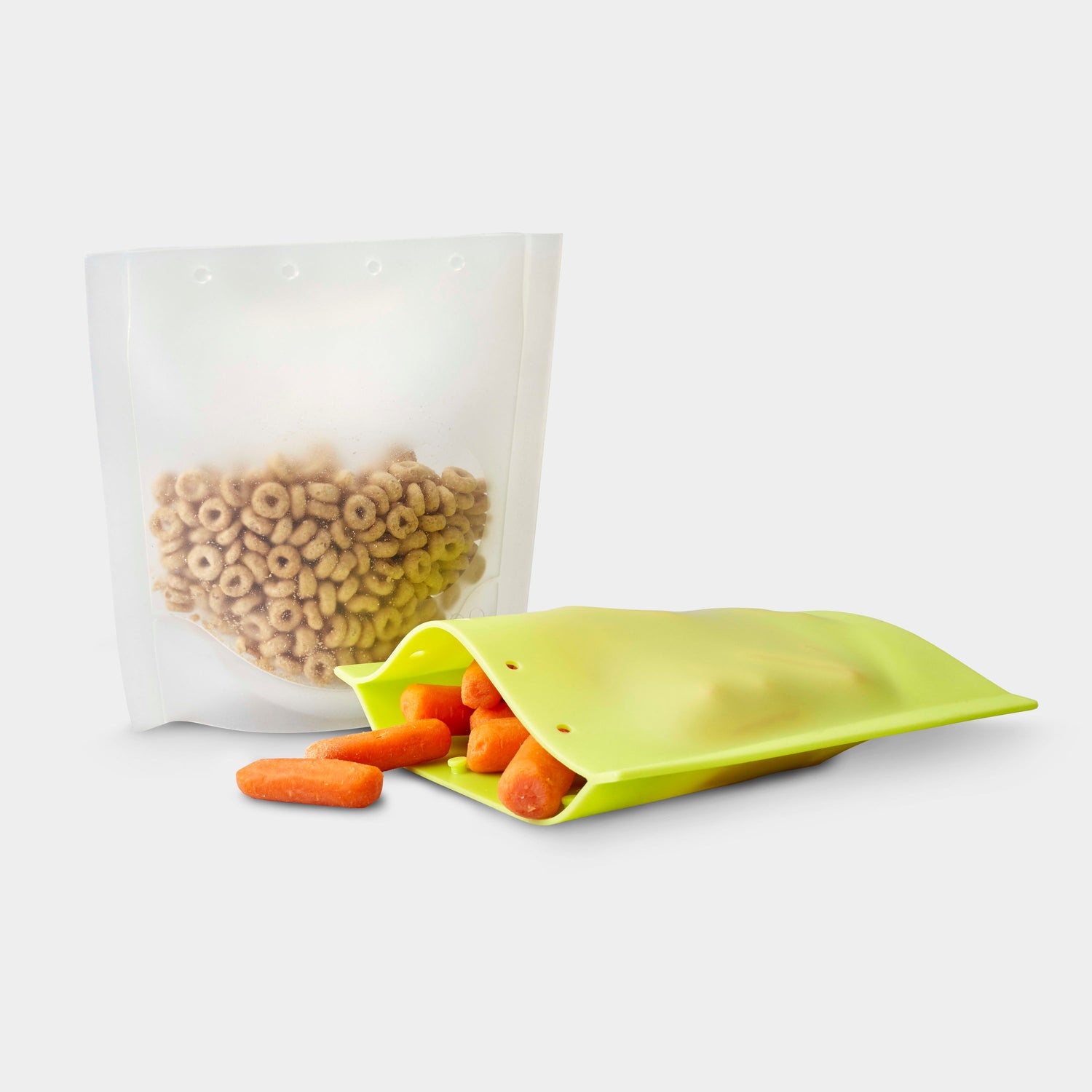 Reusable silicone snack bags in vibrant colors, made from 100% European-grade silicone.