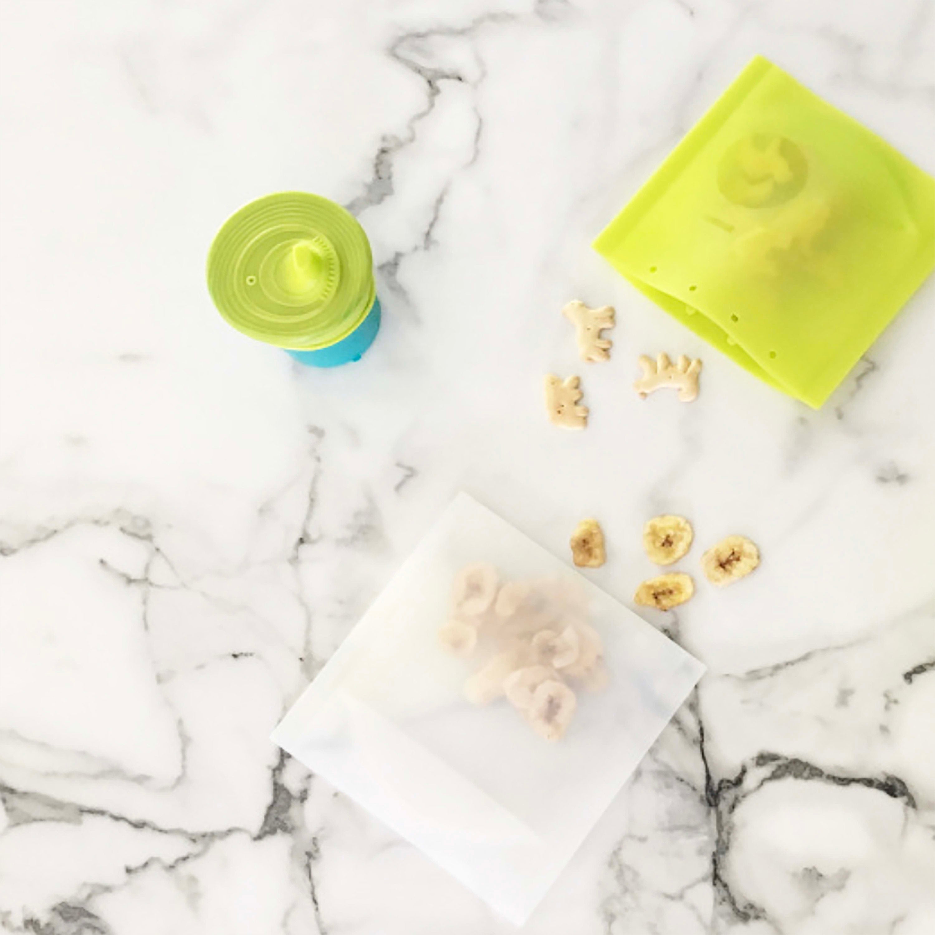 co-friendly reusable silicone snack bag placed on an office desk for grab-and-go snacking.